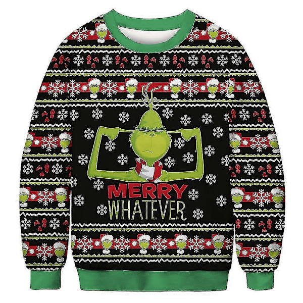 Hauska 3D-Painettu Paita Miehille ja Naisille - Ruma Joulupaita, Hyppypuku, Toppi, Juhlapaita, Huppari - Grinch Merry Whatever 2XL