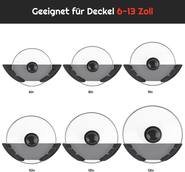 Set med 4 väggmonterade lockhållare, plast, passar lock 15-32 cm, för vägg- eller skåpmontering