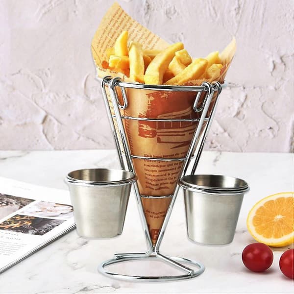 Pommes frites-stativ Slitesterk metallchip Rustfritt uthulet med koppholder Stekt kyllingdisplay B