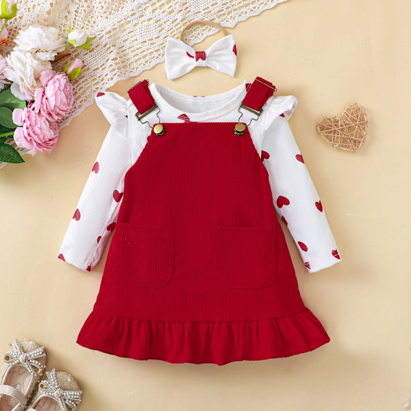 Babyjenteklær Nyfødtkjolesett Langermet blomsterbody Romper Corduroy Overall kjole Spedbarnsantrekk 18-24 Months Red