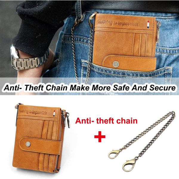 Mænds RFID-blokeringspung i ægte læder med kæde, bifold pung til mænd 19 kreditkort og lynlås-pung, gaveæske, brun Brown