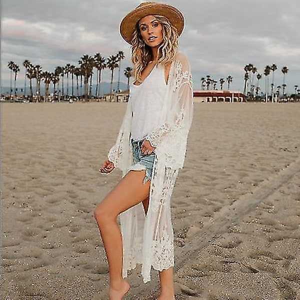 Blonde cardigan for kvinner Heklet Sheer Beach Cover Ups Lang Kimono white