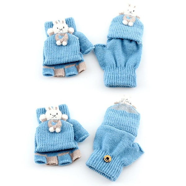 Strikkede hansker Vinter plysj halvfinger votter med flip topp barnehansker Light Blue