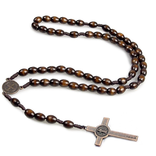 Katolsk kors Rosenkrans halskæde, naturligt træ bedeperler krydser Mørkebrun