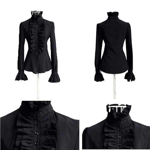 Naisten Viktoriaaninen Pusero Retro Pystykaulus Pitkähihainen Goottipaita BLACK XL