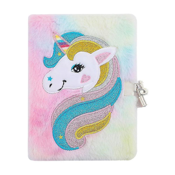 Enhörningsdagbok med lås och nyckel, söt tie-dye fluffig plysch journal anteckningsbok för barn flickor present Colored