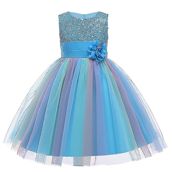 Jenter Paljettkjole Rainbow Tutu Bursdagsfest Prinsessekjole Pageant Kjole Blomsterkjole Blue 110cm(4-5T)