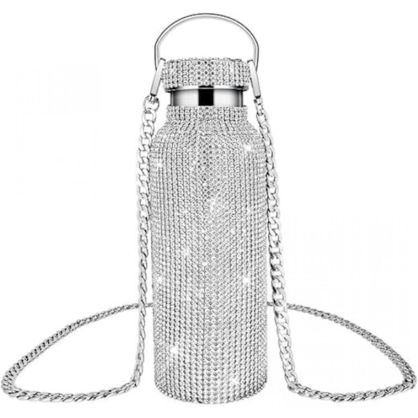 Bling Cup,Glitter Water Bottle,Stainless Steel Thermal Bling Water Bottle with Chain for Women (silver 500ml)