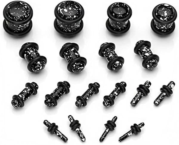 Øreutvidere, 18 stk koniske øredobber + 18 stk akryl tunnelplugger