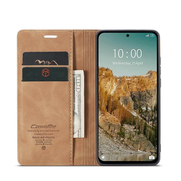For Xiaomi Redmi Note 14 5G Deksel Kortholder Stativ Lær Telefondeksel Brown