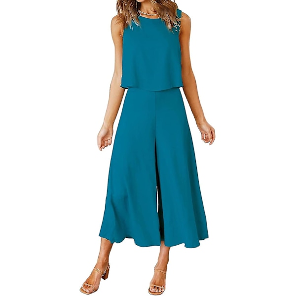Roylamp Sommer-outfits til kvinder i 2 dele Rundhalset Crop Basic Top Beskåret Bukser med brede ben, Jumpsuits Lake Blue Medium