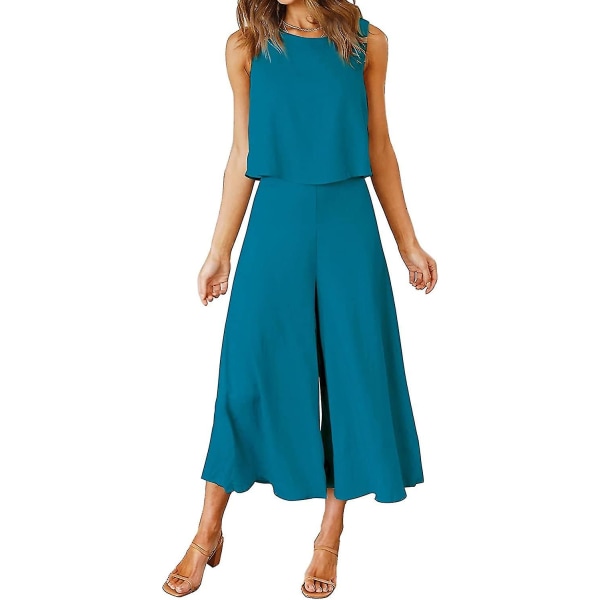 Roylamp Women's Summer 2-delade outfits Rundhalsad Crop Basic Top Beskuren Byxa Set med vida ben Jumpsuits Lake Blue Medium