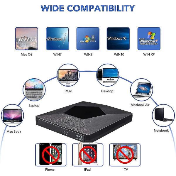 Blu Ray ekstern 3d-stasjonsleser, Ultra Slim Usb 3.0 og Type-c Blu Ray optisk CD-Dvd-stasjon for Mac Os, Windows Xp/7/8/10, bærbar PC (svart)