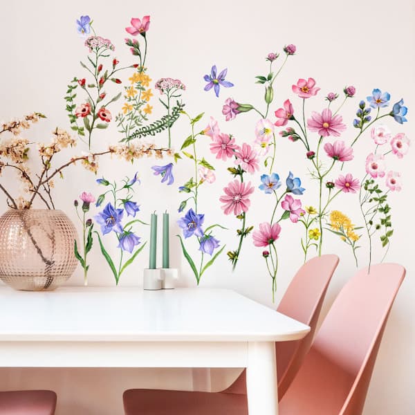 Plantedekaler, glasvinduesmærkater, lyserøde blomster, væg