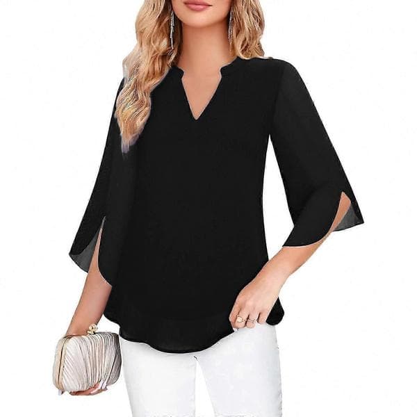 Dame Flæsebluser Afslappet V-hals Dobbeltlag Chiffon 3/4 Ærmer Toppe Sort Blue XXL