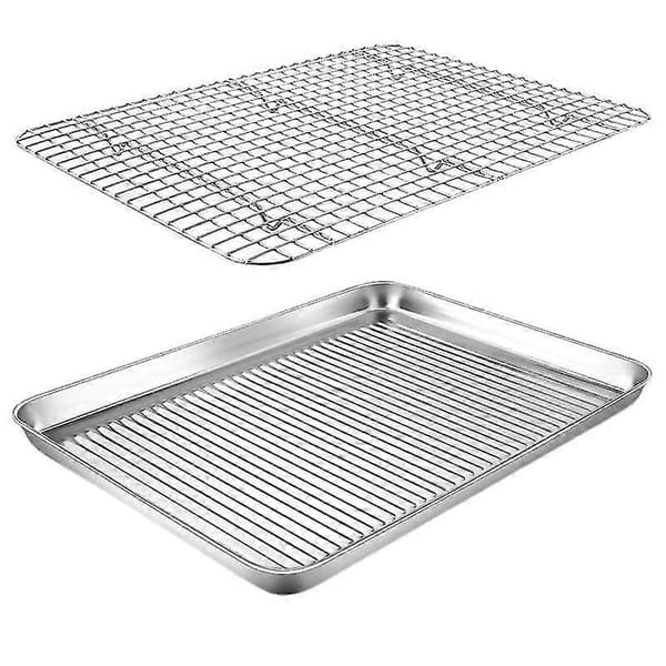 Bageplade i rustfrit stål med rist, non-stick kraftig varmebestandig rektangulær bageplade til bagning, stegning, grillning