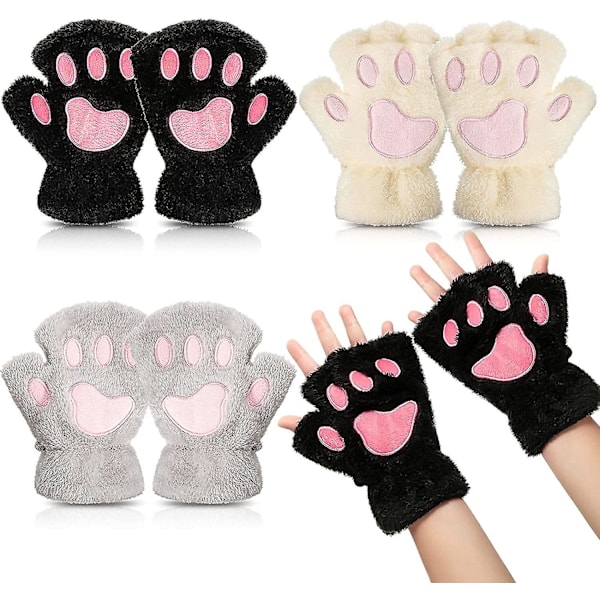 Kattpote Votter 3 Par Kawaii Votter Kattpoter Cosplay Kunstig Pels Plysj Katt Votter Løvepoter Fingerløse Votter For Jenter Kvinner Svart, Hvit, Grå -