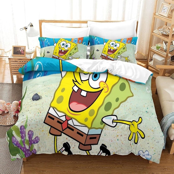 HOUKIG Spongebob Täckeöverdrag 3D-tryck Animefigurer Täckeöverdrag för Tonåringar och Vuxna Quiltöverdrag med Kuddfodral med Blixtlås Stängning Mjuk Mi Double200x200cm
