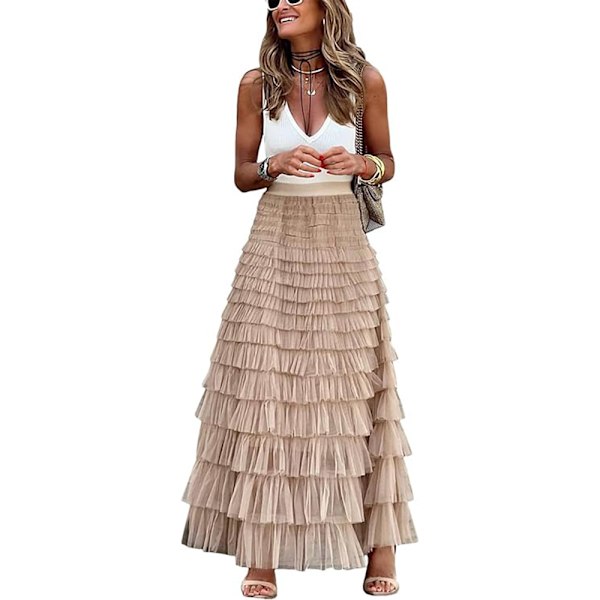Kvinders Maxi Nederdel Sommer Elastisk Høj Talje A-Linje Casual Kjole Mode Mesh Kage Nederdel Sommer Nederdel Lang Puffy Plisseret Nederdele (M)