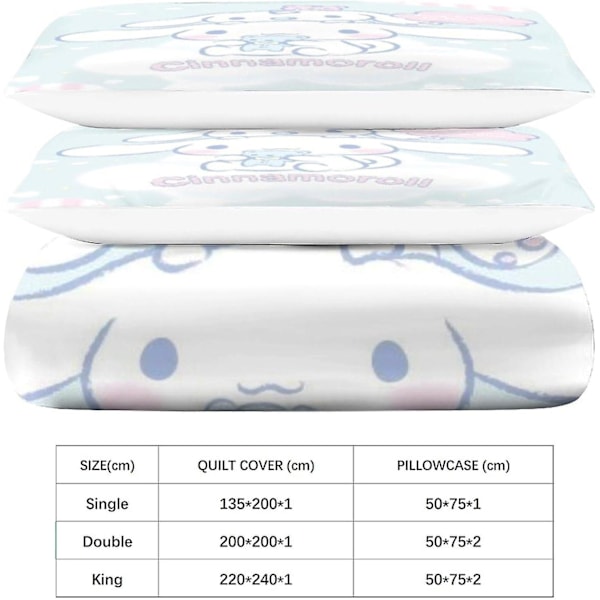 EKENOZ Cinnamoroll Peittosetti, söpö koiran petaussetti, 3D-mikrokuitu polyesteri peittosuoja tyynyllä, 3 osaa, vetoketjullinen peittosuoja, kaksinkertainen Single135x200cm