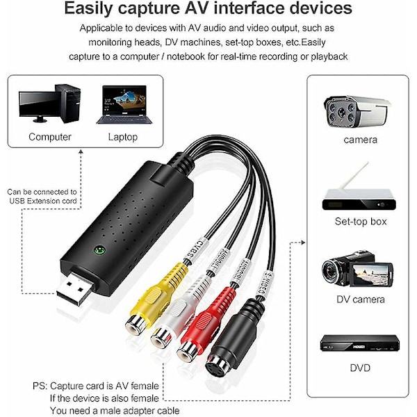 VHS til Digital Converter, Hi8 VHS til DVD Video Capture Card, Digital Video Audio Converter Adapter, VHS til USB Converter, DVD, USB 2.0 til Windows 10/8/7 a