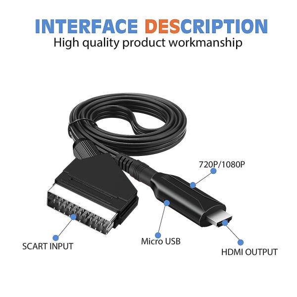 Scart til HDMI-kabel - scart til hdmi-adapter - alt i ett scart til hdmi lyd videokonverter 1080p/720p