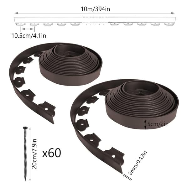 Brun plast hagekant 20 meter med 60 forankringsstenger Flexi