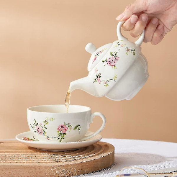 Porcelænste for én, blomstertepotte og kopsæt, rattanblomster