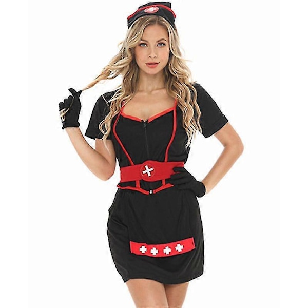 Sexet kvinde hjerteanfald mørk sygeplejerske kostume cosplay uniform sort rød top nederdel sæt Halloween rollespil fancy kjole XL