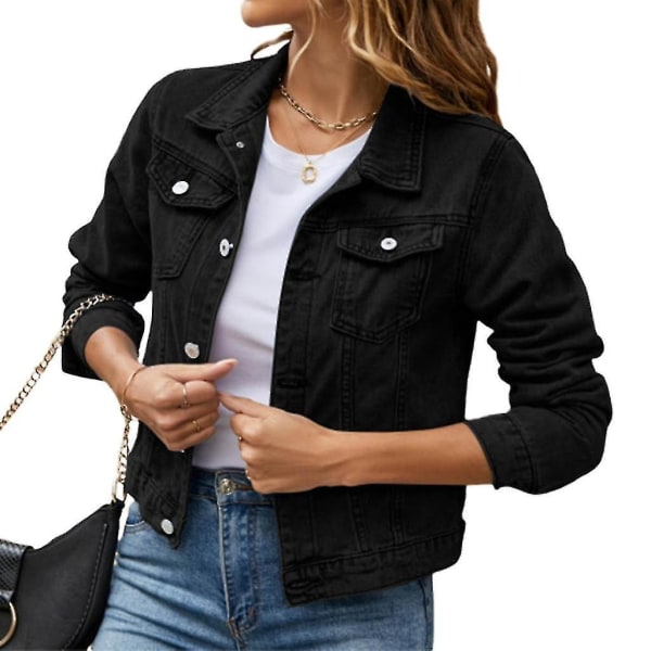 Kvinders Button Down langærmede cropped denims Jean-jakke med lommer Black L