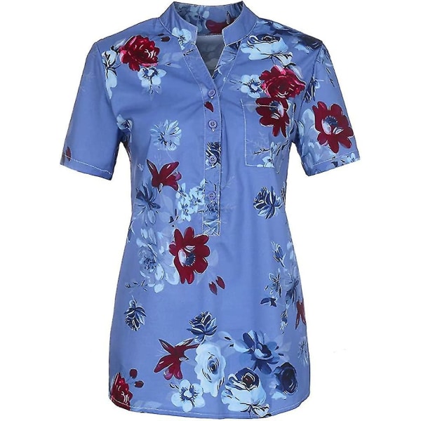 Blomstertoppe til kvinder 2023 Button Down Fashion Casual skjorter med lange/korte ærmer Bluse Blue Small