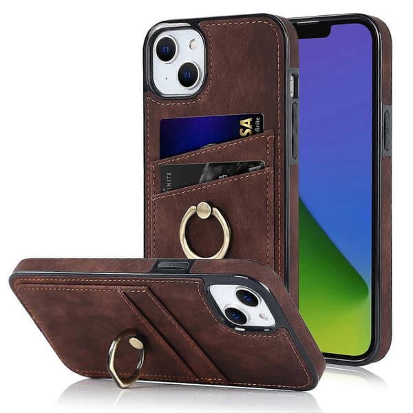 Vintage Patch Läder Telefonfodral med Ringhållare För iPhone 14 Brown