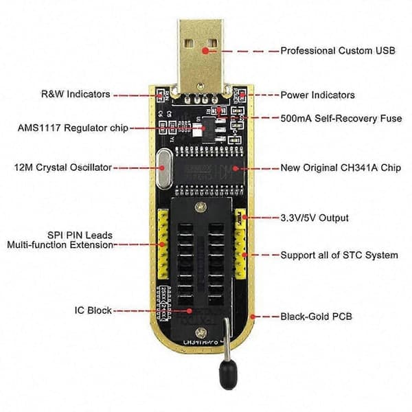CH341A USB BIOS-programmerer for 24/25-serie EEPROM med SOP-klipsadapter