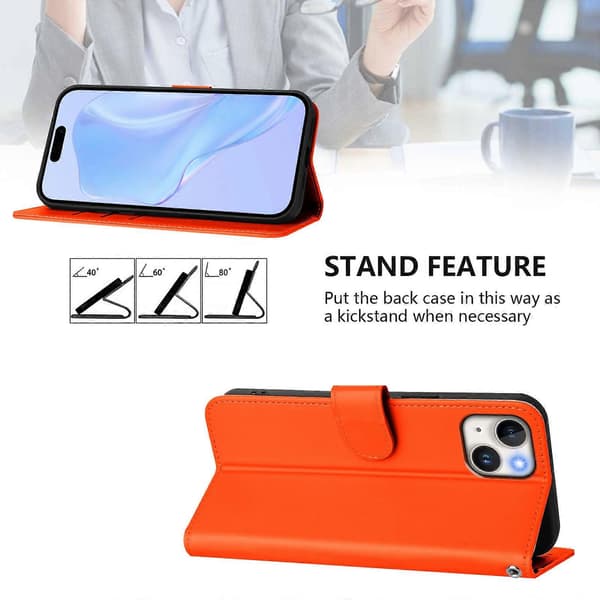 Skinnkänsla Läder Telefonfodral För iPhone 15 Plus Orange