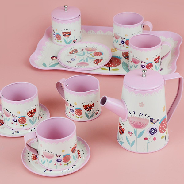 Te-sett for barn, Rosa tinn te-sett for små jenter, te-sett for småbarn, prinsessleker
