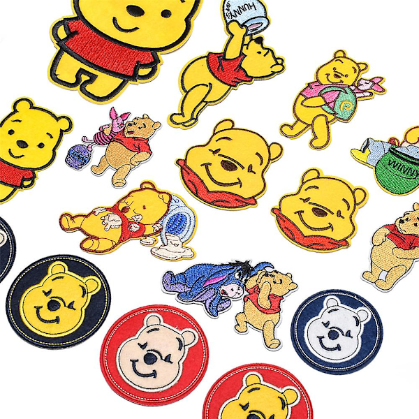 16 st Winnie the Pooh tecknade broderade strykjärnsmärken, DIY sy applikationsplåster, sy på/strykjärnsmärke för jackor, jeans, byxor, ryggsäckar, kläder