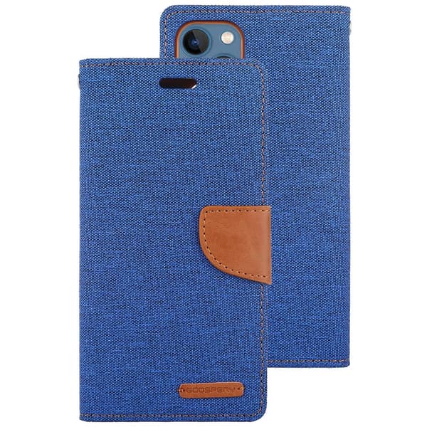 For iPhone 14 Plus GOOSPERY CANVAS DIARY Canvas Tekstur Flip Lær Telefonveske Blue