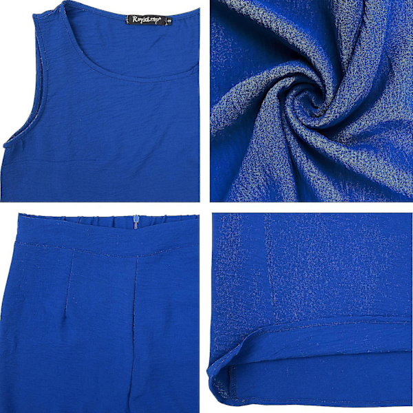 Roylamp Sommer-outfits til kvinder i 2 dele Rundhalset Crop Basic Top Beskåret Bukser med brede ben, Jumpsuits Royal Blue X-Small