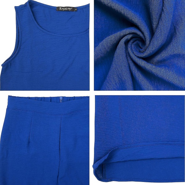 Roylamp sommerantrekk for kvinner i 2 deler Rundhalset Crop Basic Topp Beskåret buksesett med brede ben, Jumpsuits Royal Blue Large