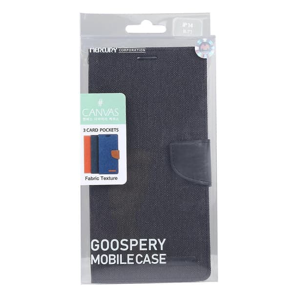 Til iPhone 14 Plus GOOSPERY CANVAS DIARY Lærredstekstur Flip Læder Telefon Cover Black