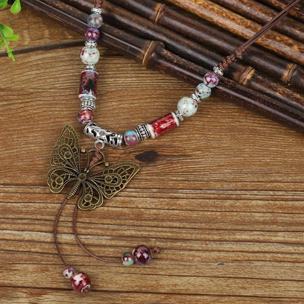 Sommerfugl Halskjede Bohemian Vintage Sommerfugl Flette Tau Lang Keramisk Perle Anheng Halskjede Boho Etnisk Hippie Smykker Gave til Kvinner