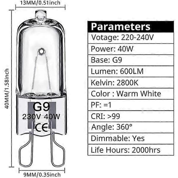 G9 halogenlamper 60W, 230V, 10 stk. 60W 40W