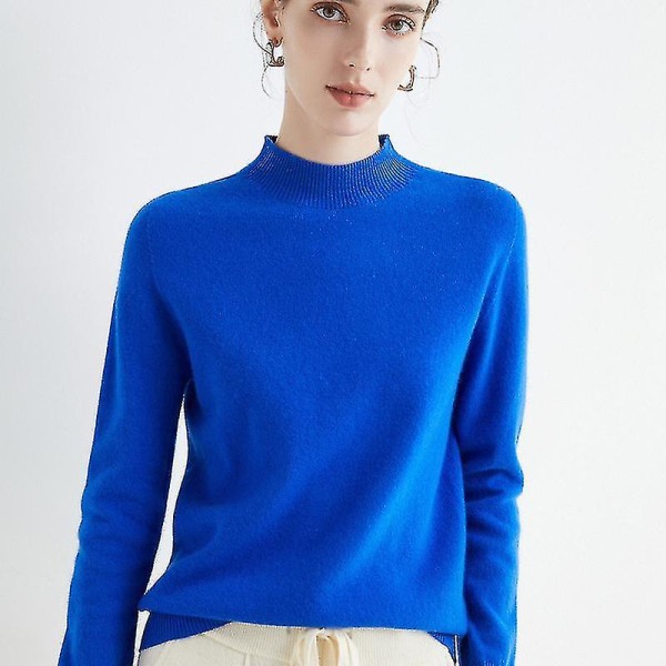 Cashmere tröja för kvinnor 100 % Cashmere Lätt långärmad stickad tröja med rund hals Klein Blue L