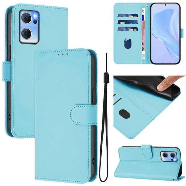 Lanyard PU-fodral för OPPO Reno7 5G Global Sky Blue