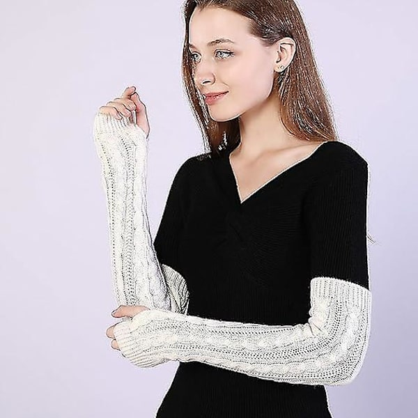 Dam vinter varma över armbåge långa fingerlösa tumhål handskar fingerhandskar stickade varma armskydd, 50 cm