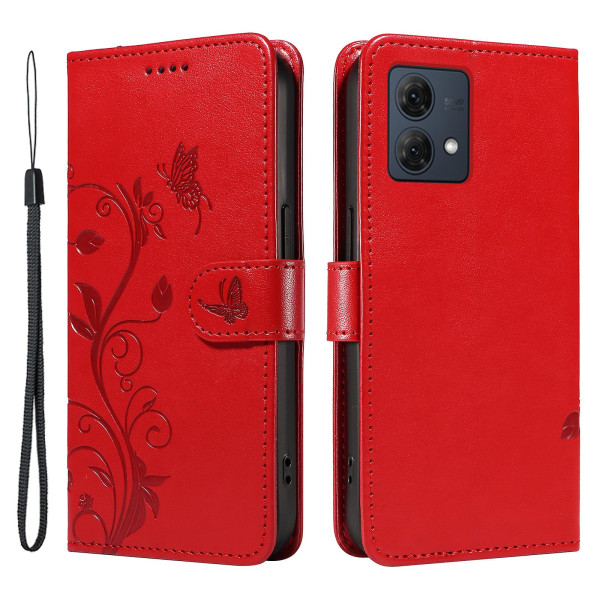 Til Motorola Moto G84 5G lædertelefontaske med abrikosblomstmønster Red