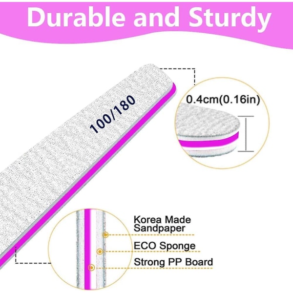 50 stk neglefiler, profesjonell neglefil 100/180 korn neglefiler for akryl neglegel negler eller tykke negler, neglefiler vaskbare og gjenbrukbare, dobbel-si 100-180 for false nails