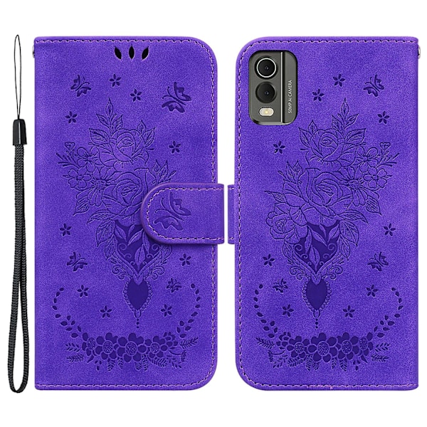 Stativplånboksfodral i läder för Nokia C32, ros och fjäril präglad, fullständigt skydd för telefonen Purple