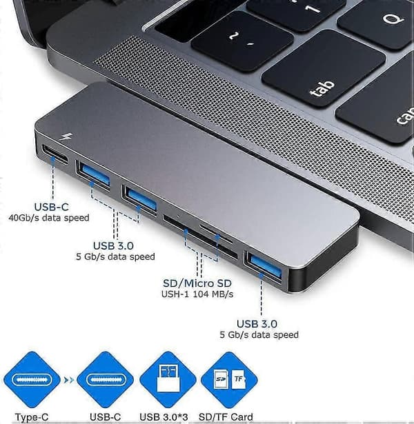 USB-C Hub-adapter for Macbook Pro/Air 2020 2019 2018, 6 i 1 USB-C tilbehør