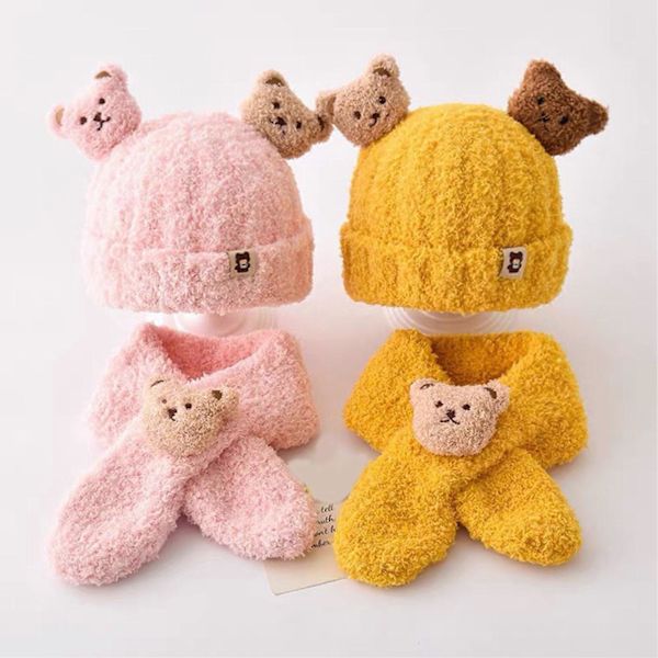Baby Vintermössa & Halsduk Set med Kartongbjörn Dekor Tjock Mjuk Plysch Kalla Resistent Stickad Unisex Halsduk Barn Vintertillbehör Beige